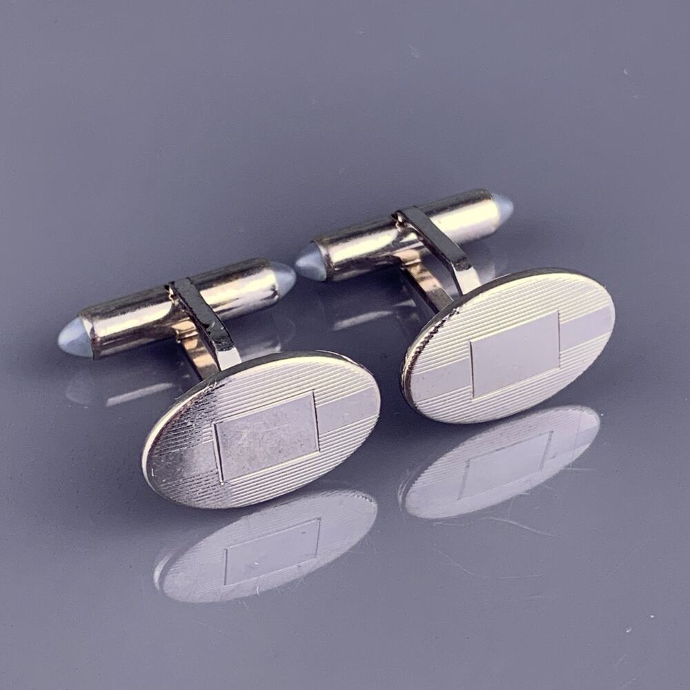 Moonstone Ends White Gold Plated Cufflinks Oval Stripes Lines Krementz Vintage
